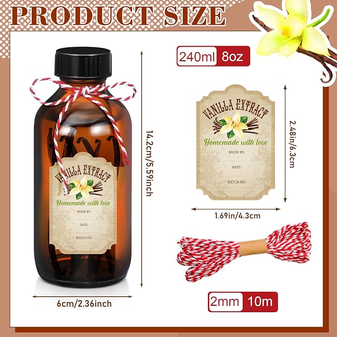 Uiifan 8 Pcs Vanilla Extract Bottles Boston Round with Caps Glass Bottle and 8 Pcs Vanilla Extract Labels Stickers for Syrup Gift Glass Food Storage Canister Set Sauce Beans(8 oz)