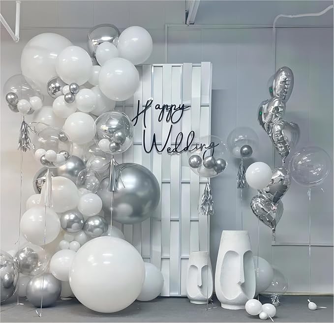 136pcs White and Silver Balloons Garland Arch Kit With Clear Balloons,18 12 10 5 Inch Party Latex Balloons for Birthday Wedding Anniversary Party Decorations