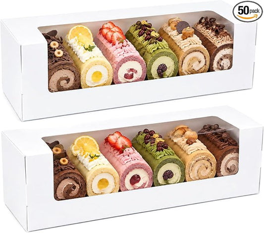 FORBFAN 50 Pcs Roll Cake Boxes 12x4x3.5 Inches, Rectangle Pumpkin Roll Packaging Boxes, White Bakery Pastry Boxes with Window for Swiss Roll, Loaf, Cinnamon Roll, Banana Bread
