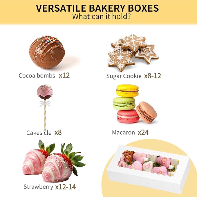 Moretoes 30pcs Auto-Popup Cookie Boxes, 12x5.5x2.5 Inch White Bakery Box with Window for Treats, Chocolate Covered Strawberry, Donuts, Pastries, Cake Pop