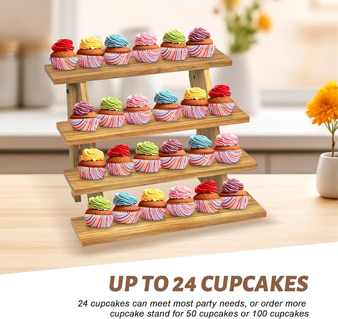 Wooden Cupcake Stand for 24 Cupcakes, 4 Tier Cupcake Display Stand Rustic Tiered Display Stand Dessert Table Display Set Cupcake Stand for Baby Shower Decorations Birthday Party Supplies Perfume Display(Pine Wood 2Pcs)