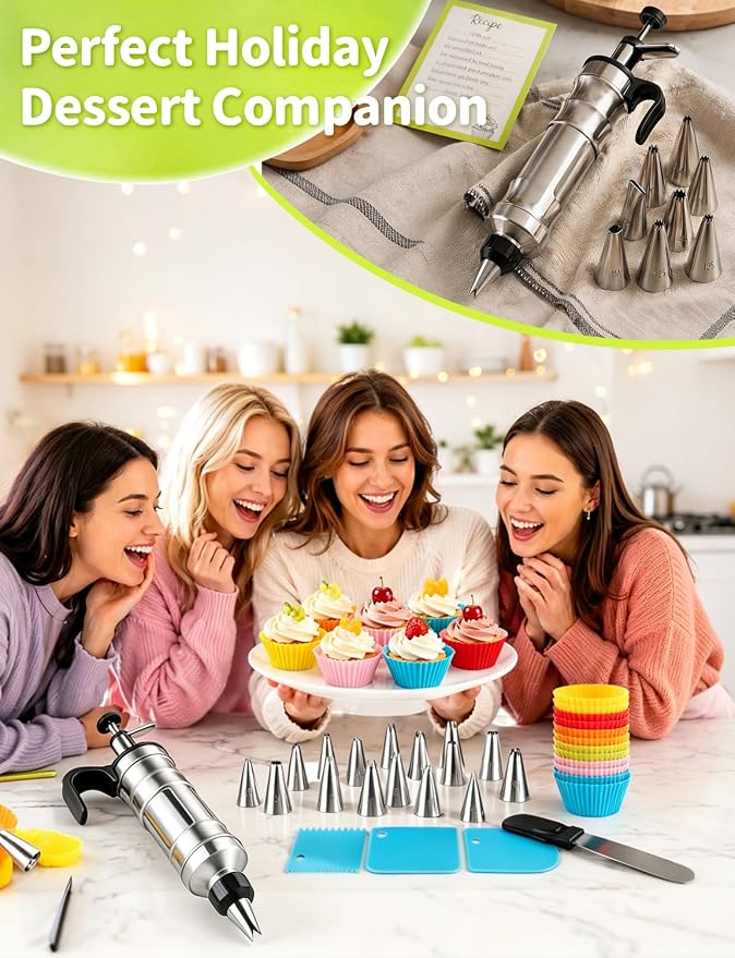 Dessert Decorating Syringe Set, Stainless Steel Cake Decorating Kit with Icing Piping Bags and Tips Set, Reusable Frosting Piping Kit for Cupcake, Cookie and Pastry Baking Supplies