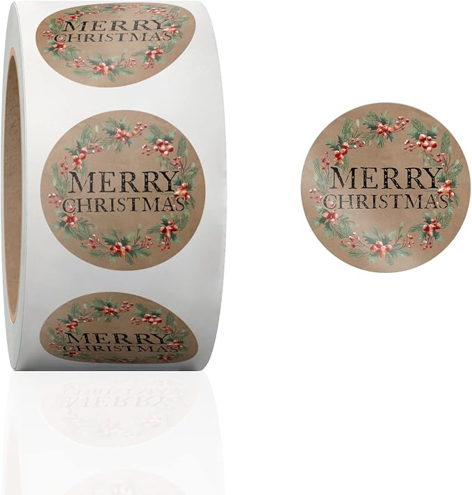 1.5 Inch Round 500 Count Christmas Wreath Perforated Roll Stickers - Thank You Labels for Favors - Packing Thank You Stickers for Small Business Store Owners