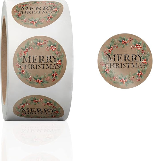 1.5 Inch Round 500 Count Christmas Wreath Perforated Roll Stickers - Thank You Labels for Favors - Packing Thank You Stickers for Small Business Store Owners