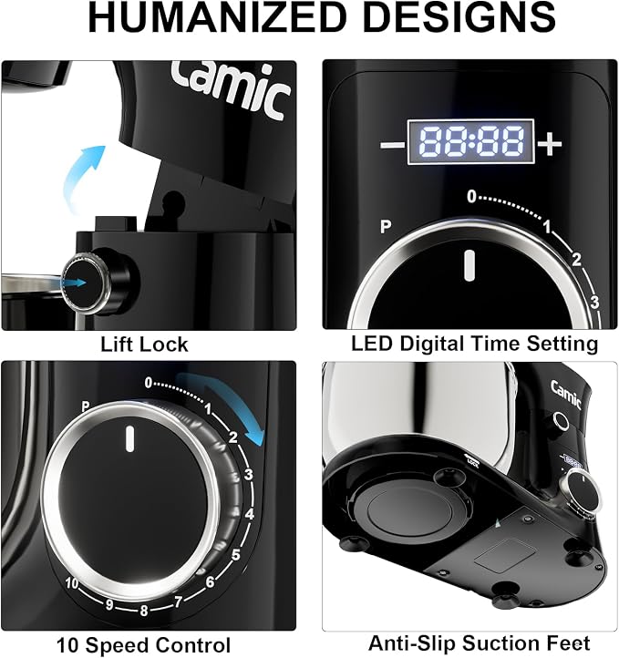Camic Stand Mixer, 4.2QT+5.3QT Two bowls Electric Food Mixer, 10 Speeds with Digital setting 3-IN-1 Kitchen Mixer for Baking Cakes Cookie Bread Salad with Egg Whisk,Dough Hook,Flat Beater (Black)