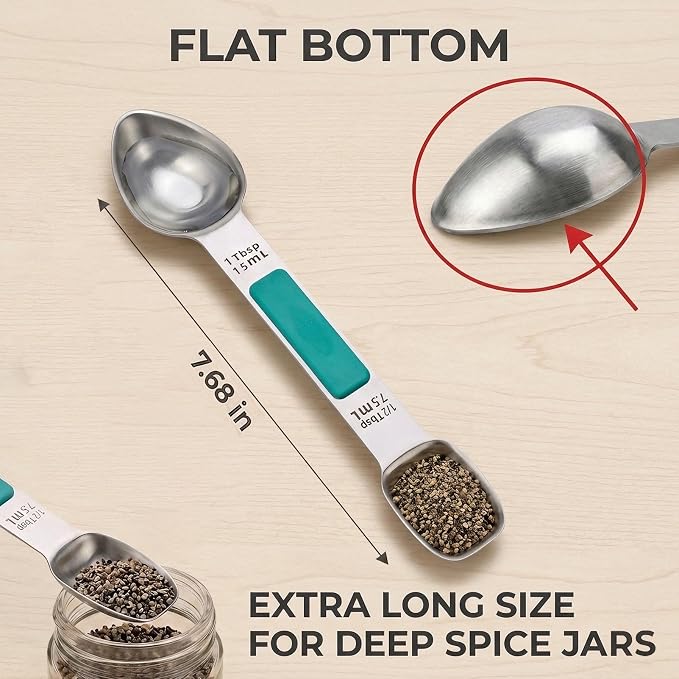 Heavy Duty Stainless Steel Measuring Spoons,Unique Dual-Head Tablespoon and Teaspoon with Bonus Leveler,Engraved Markings,Nonslip Silicone Grip,Great Baking Gift Set(colourful)(set of 5)