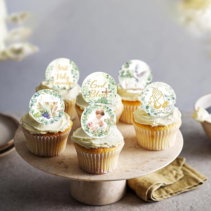 64 PCS Edible God Bless Cupcake Toppers Greenery Leaves Baptism Dove Cross Cupcake Picks Edible First Holy Communion Cake Decorations for God Bless Theme Baby Shower Boys Birthday Party Supplies