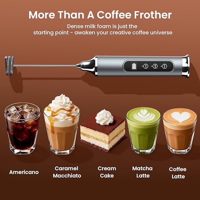 YUSWKO Milk Frother Wand for Coffee, Coffee Frother Handheld Drink Mixer | Rechargeable Mixer Wand, Waterproof Electric Whisk for Protein Powder, Lattes, Cappuccino, 3 Variable Speeds 3 Whisks, Silver