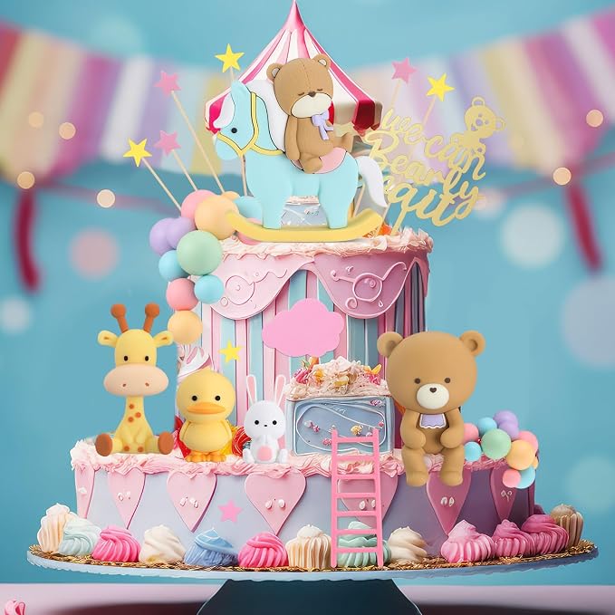 Yinder Bear Cake Toppers Mini Bear Cake Decorations Cake Toppers Gold White Pearl Ball for Birthday Party Decorations(Bright Color,Fresh Style)