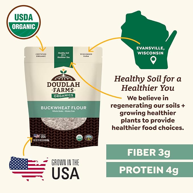 Organic Buckwheat Flour 5 lb - Non-GMO, USDA Organic, Vegan - For Baking Bread, Pancakes, and More! Grown In USA, Farmed From Regenerative Soil by a Wisconsin Family Farm