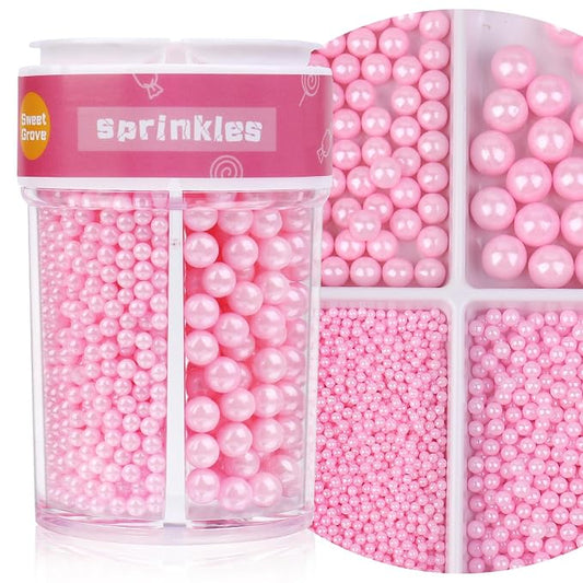 Pink Sprinkles for Cake Decorating, 7.8oz Edible Pearl Sprinkles, Sugar Candy Pearls for Baking, Cookie Decorations & Cupcake Topper, Wedding Party Valentines Supplies (Pink, 4 Sizes)