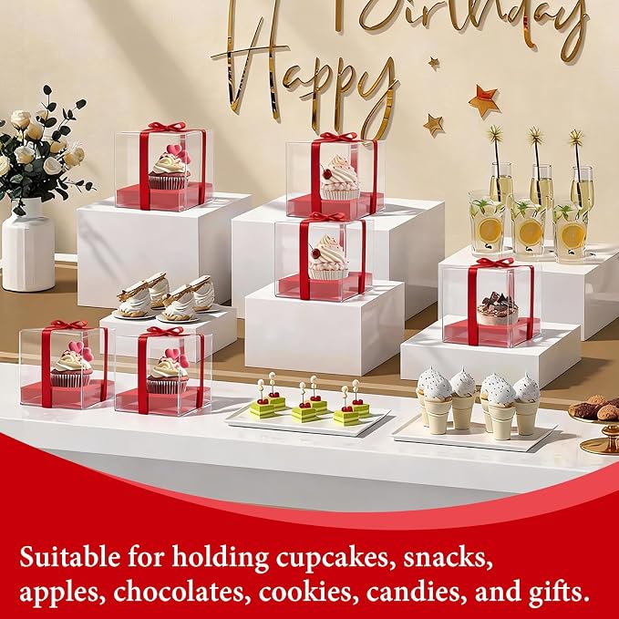 50 Pcs Red Clear Plastic Cupcake Boxes, Individual 3.5 Inch Single Holder Containers with Insert and Ribbon, Paper Base for Wedding, Birthday, Party Favor Gift