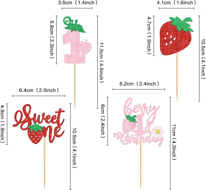 24Pack Red Strawberry Cupcake Toppers Pink Berry 1st Birthday Cupcake Picks for Strawberry Baby Shower Kids First Birthday Cake Decors Sweet One Cupcake Decoration Supplies