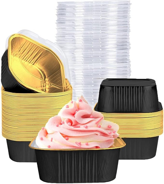 40 Pack Mini Cake Pans with Lids, 5oz Square Aluminum Foil Brownie Baking Cups, Muffin Tin Ramekins, Disposable Dessert Cupcake Cups for Wedding Birthday Party, Black,Gold
