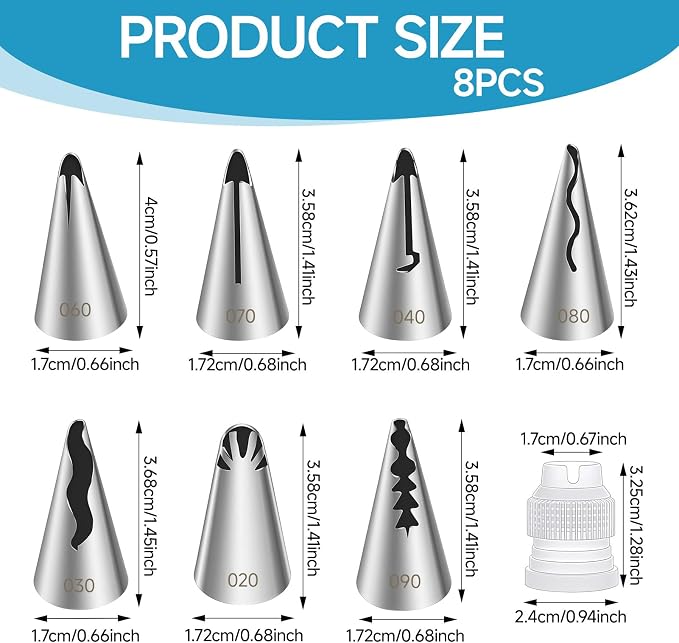 8 Pcs Pleated Skirt Piping Tips Set with Coupler, 304 Stainless Steel Russian Piping Tips, Cake Decorating Supplies for Ruffle Frosting, Cupcakes, Pastries, Fondant and Buttercream (Pleated Skirt)