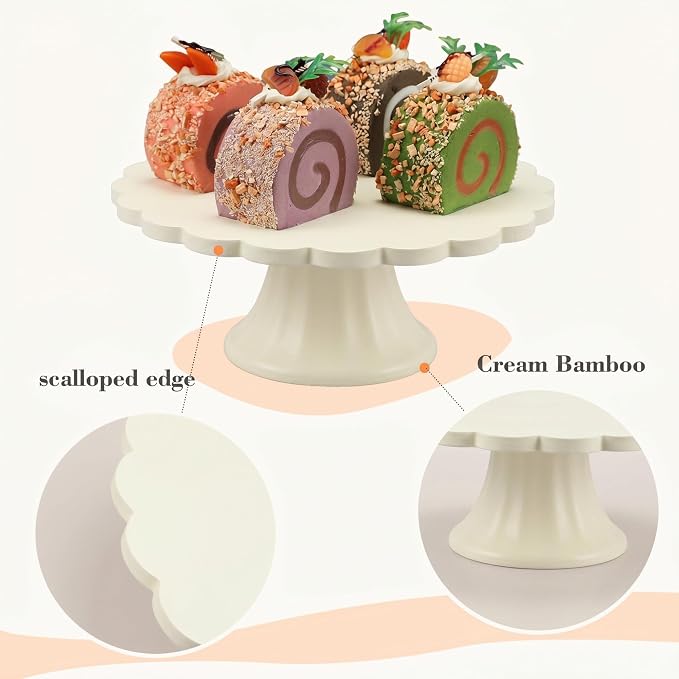 Vesici Cream Wooden Cake Stand Scalloped Reusable Round Cake Stand Dessert Holder for Cupcake Donut Dessert Wedding Baby Shower Party Supply (7.75" L x 7.75" W x 3" H)