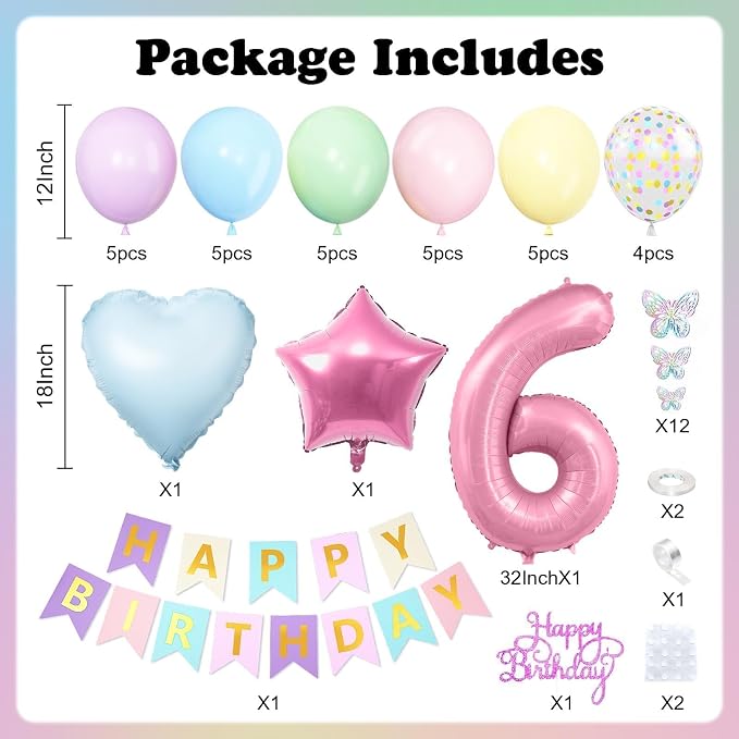 Pastel 6th Birthday Decorations for Girl,Macaron Rainbow 6th Party Decoration Pink Blue Purple Green Yellow Colorful Balloons Banner Star Heart Number 6 Foil Balloon Cake Topper Butterfly Stickers