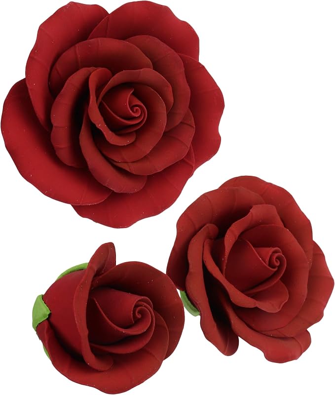 O'Creme Deep Red Rose Gumpaste Flower - for Cake Decorating - Sugar Paste Decorations for Cakes, Cupcake Toppers - Birthday, Wedding, Valentines, Baby Shower - Set of 6-3 Different Sizes