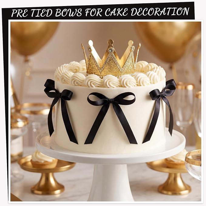 NatNarr 30PCS Black Bows for Cake Bow Cake Topper Pretied Ribbon Bow Cupcake Toppers - Ready to Use for Birthday Wedding Baby Shower Graduation Dessert Display Decorations Simple Elegant Style