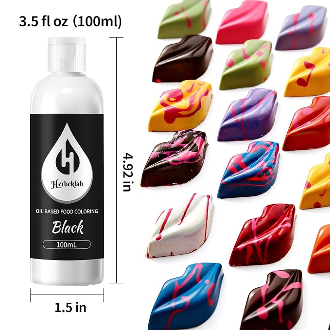 Black Oil Based Food Coloring for Chocolate – Herbeklab 100ml Professional Concentrated Oil Food Dye for Candy Melts, Chocolate, Cake Pops, Strawberries & Baking
