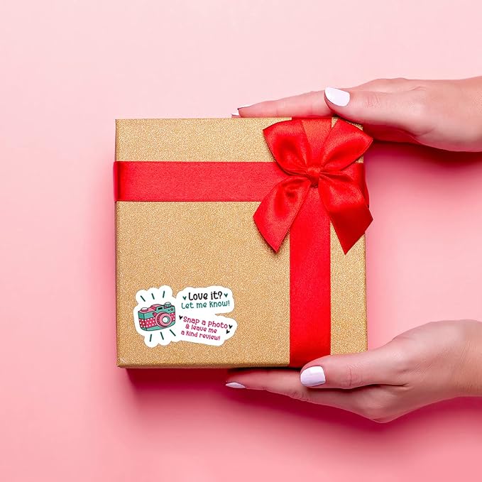 Littlefa Snap Photos Leave Reviews Stickers, Cute Pink Camera Stickers for Online Retailers Packing Gifts Bags Handmade Sticker Labels 500 PCS