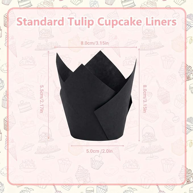200 Pcs Black Tulip Cupcake Liners for Baking, Standard Size | Standard Greaseproof Tulip Muffin Liners for Baking, 3oz Black Paper Cupcake Wrappers for Party Wedding Birthday