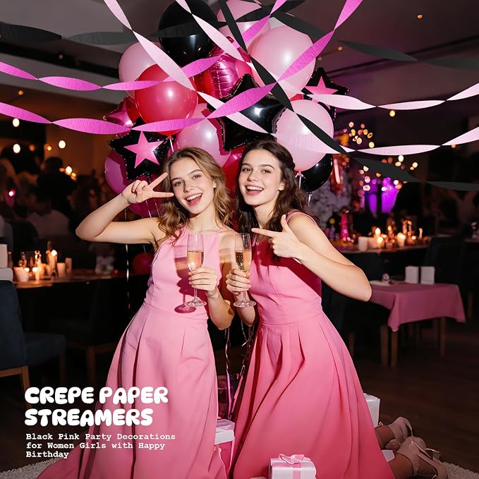 AOYOO Crepe Paper Streamers, 6 Rolls Light Pink Hot Pink and Black Party Streamers, Chic Pink and Black Party Decorations for Girls Birthday, Bachelorette, Sweet 16 and Y2K Party Supplies