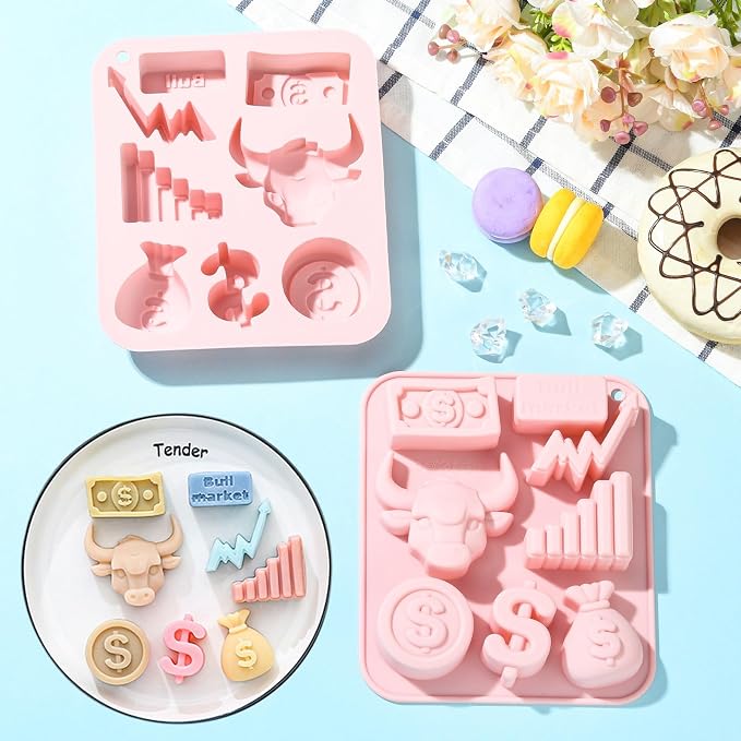 Ipotkitt 2pcs Pink Stock Market Themed Silicone Candy Molds Money Dollar Sign Bull Market Gummy Molds for Jelly Fondant Chocolate Candy Ice Cake DIY Crafts