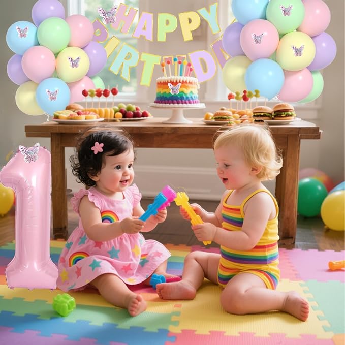 Pastel First Birthday Decorations -12 inch Pastel Balloons, 40 Inch Pink 1 Balloons, 3D Butterflies Stickers, Happy Birthday Banner For Baby Girl 1st BD Party Decorations