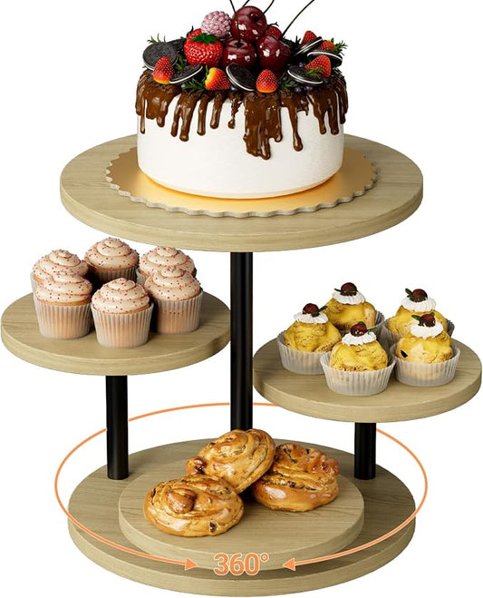 Cake Stand for 50 Cupcakes 360°Rotating Wooden Cupcake Display Stand Round Cookie Stands 4 Tiered Tray Stand for Parties Birthday Wedding Baby Shower Afternoon Tea Dessert Table, Oak