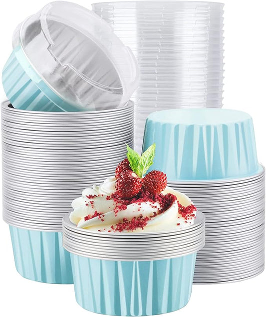 EUSOAR Cake Baking Cups, 100pcs 5oz 125ml Muffin Liners Cups with Lids Disposable Foil Ramekins, Aluminum Cupcake liners Foil Creme Brulee Baking Cups Pudding Cups Holders Pans Oven Safe