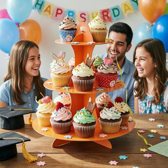 YLDW Cupcake Stand, 3-Tier Cupcake Stand Display, Cardboard Cup Cake Tower Stand, Disposable Dessert Stand for Birthday Tea Party Baby Shower Treat Decorations, Orange