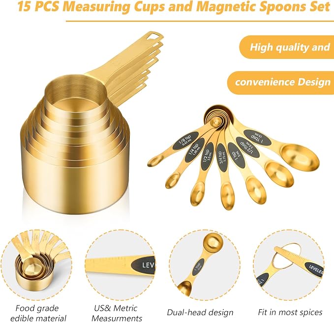 Magnetic Measuring Cups & Spoons Set for Cooking, 15pcs | 7 Gold Measuring Cups, 7 Double-Sided Measuring Spoons & 1 Leveler, Gold Baking Kitchen Gadgets for Dry & Liquid Ingredients
