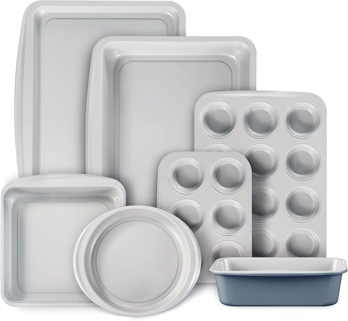 CAROTE 7-Piece Nonstick Stackable Baking Pans Set - Bakeware Sets Including Cookie Sheets for Baking, Muffin Pan, Bread Pan, Cake pan, Loaf Pan, Roasting Pan, Gray & Blue