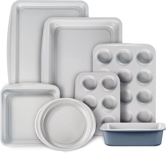 CAROTE 7-Piece Nonstick Stackable Baking Pans Set - Bakeware Sets Including Cookie Sheets for Baking, Muffin Pan, Bread Pan, Cake pan, Loaf Pan, Roasting Pan, Gray & Blue