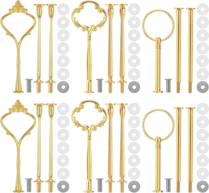 6 Sets 3 Tier Cake Stand Hardware Tiered Tray Plate Hardware Kit Heavy Metal Cake Fruit Food Plate Stand Fitting Stacking Kit for Serving Dessert Cupcake Dish Food(Cute,Gold)