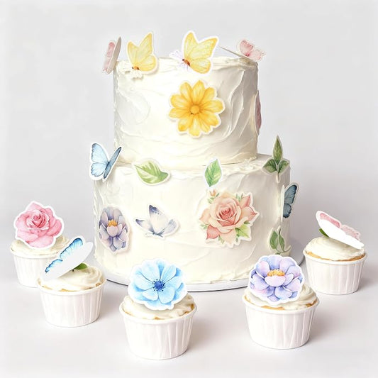 65 PCS Edible Flowers Cupcake Toppers Wafer Paper Daisy Green Leaves Rose Flower Cupcake Picks Edible Flowers Cake Decorations for Baby Shower Wedding Birthday Party Cake Decorations Supplies