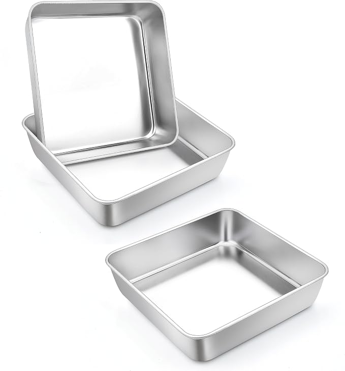 TeamFar 6 In Square Cake Pan, Stainless Steel Mini Square Lasagna Cake Brownie Pan for Baking Roasting, Non-Toxic & Sturdy, One Piece Design & Smooth, Easy Clean & Dishwasher Safe, 3 Pcs