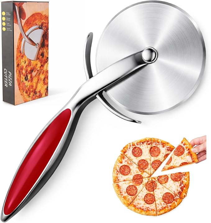 Pizza Cutter Wheel, Sharp Stainless Steel Pizza Slicer with Finger Guard, Non-Slip Comfortable Handle, Multi-Purpose Kitchen Cutter for Pizza, Pie, Dough and Pastry, Easy to Clean,Red