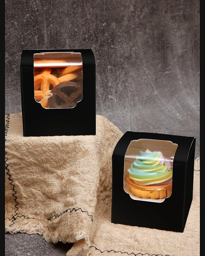 Bakepacker Auto-pop up Cupcake Boxes 30-Packs Individual Cupcake Container Black 3.5" x 3.5" x 3.5" Single Cupcake Boxes