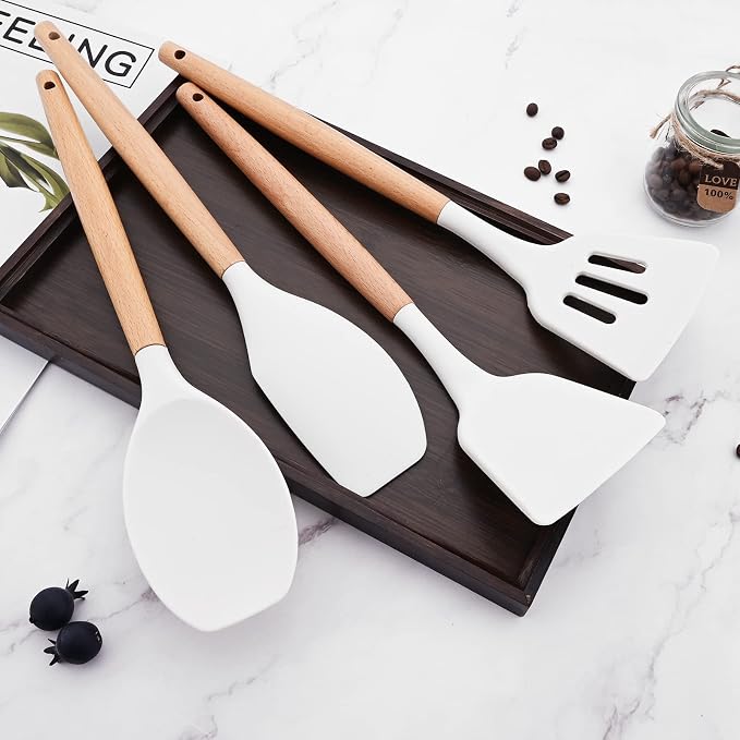 1pc White Silicone Slotted Turner with Wooden Handle, Heat Resistant Cooking Utensils, Ideal Cookware for Fring Fish, Eggs, Meat, French Fries