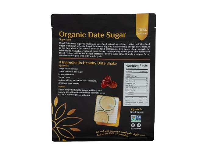 Royal Palm Organic Date Sugar (1LB) - Premium Natural Sweetener - Ideal Baking Sugar Substitute - High-Fiber Vegan & Paleo Alternative - Gluten-Free & Kosher - Non-GMO - 16oz Pack - USDA Certified