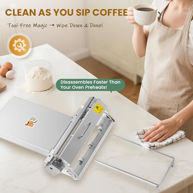 Huanyu Manual Dough Sheeter 15.7”, 10 Adjustable Thickness 0.1mm-17.5mm, Tool-Free Assembly, for Home Bakers & Small Bakeries, Croissant, Pizza, Pasta, Fondant