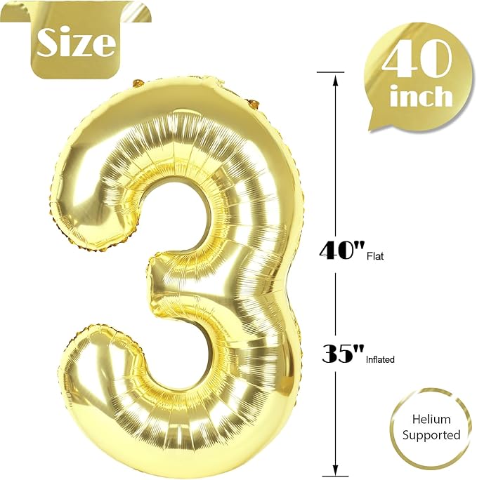 Light Gold Number 3 Balloon 40 Inch, 3rd Birthday Celebration Supplies for Girls Boys Women Men, 3 Balloon for Girls Boys Theme Party