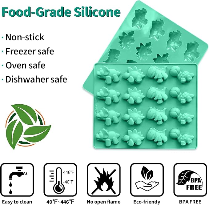 Zorazio Large Dinosaur Gummy Molds Dinosaur Candy Molds Silicone 16-Cavity for Candy Chocolate Jelly Ice Cube (4-Pack+2 Droppers)