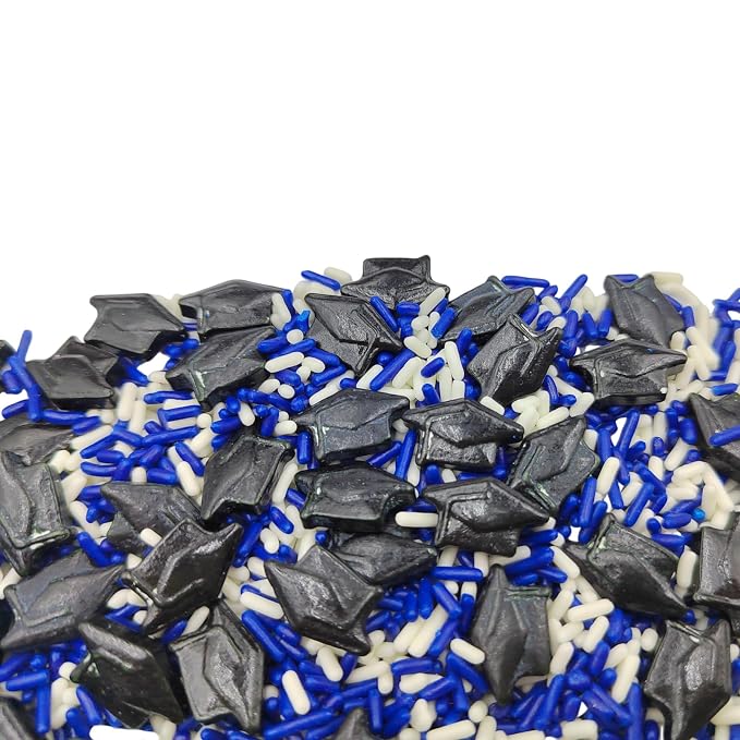 Graduation Day Sprinkles, Blue White Jimmies Sprinkles, Edible School Graduation Hat Sprinkle Candy Soft Jimmies Toppings for Ice Cream, Cupcake, Cake Decorating, Cookie, Dessert Decorating