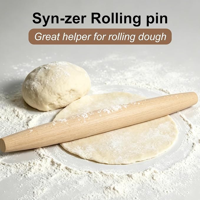 Syn-zer 17 Inch French Rolling Pin, Solid Beech Wood | Tapered Design, Non-Stick, Easy to Clean, Ideal for Baking Pie Crust, Pizza Dough, Fondant & Cookie Dough
