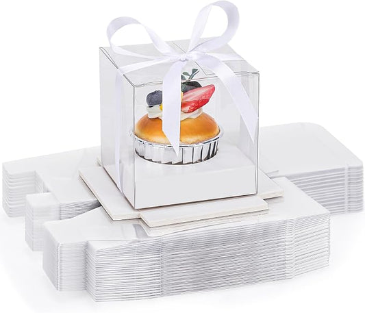 EUSOAR Disposable Clear Cupcake Boxes, 50pcs 3.5 Inch Plastic White Individual Cupcake Carrier Storage for Cake Dessert, Single Transparent Cupcake Holder Containers for Wedding Party