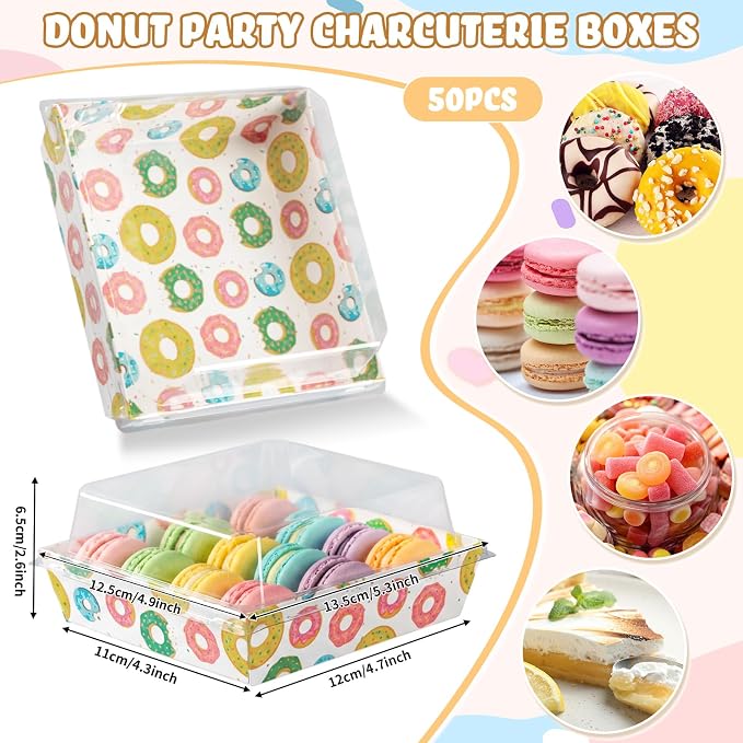 Potchen 50 Pack Bakery Boxes with Clear Lids, Disposable Charcuterie Treat Boxes for Cookies, Donuts, Cupcakes, Candy and Mini Cakes, Party Favor for Wedding and Gift Giving(Donut)