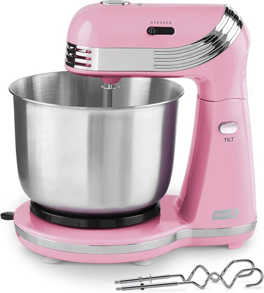 Dash Everyday Stand Mixer - Compact Tilt-Head Stand Mixer for Everyday Recipes - 6-Speed Power with Stainless Steel Bowl - Pink, 3-Quart